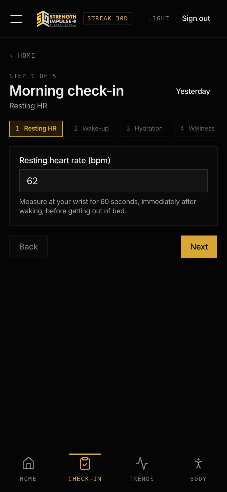 Morning check-in screen of the Strength Impulse app