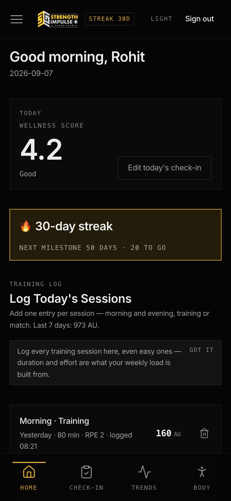Home screen of the Strength Impulse app